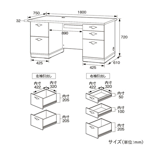 国産役員用両袖デスク(W1800×D750×H720)